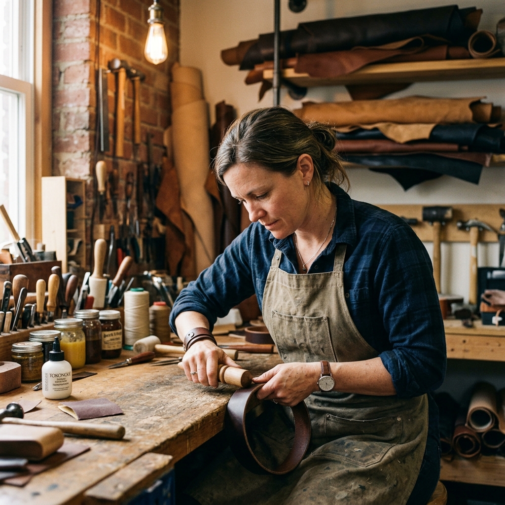 Leah in her leather workshop
